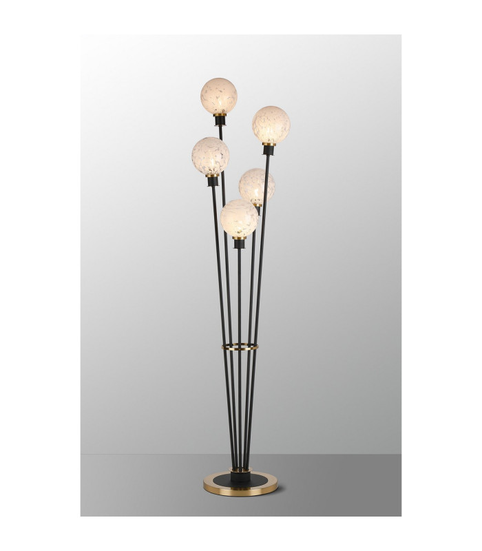Placid Floor Lamp 5 Light E14 15cm Round Speckled Glass Shade Brass White Satin Black-3