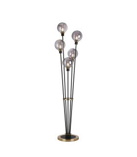 Placid Floor Lamp 5 Light E14 15cm Round Double Textured Smooth / Ribbed Glass Shade Brass Smoke Plated Satin Black-1