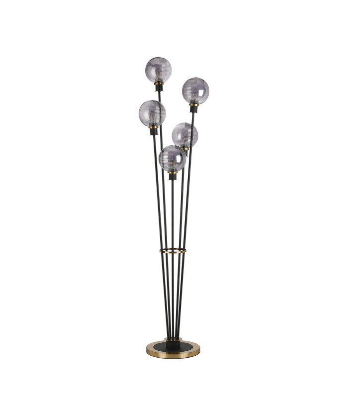 Placid Floor Lamp 5 Light E14 15cm Round Double Textured Smooth / Ribbed Glass Shade Brass Smoke Plated Satin Black-4