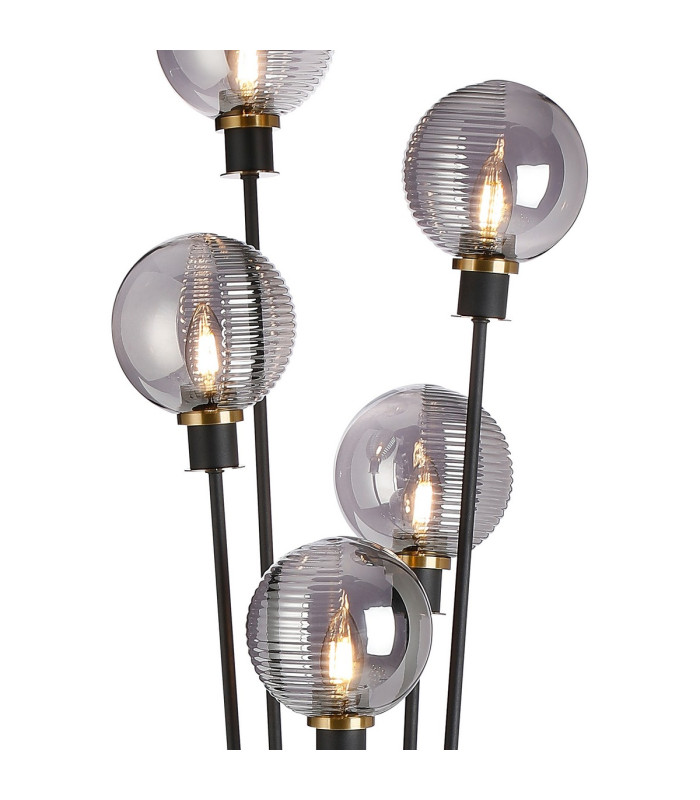 Placid Floor Lamp 5 Light E14 15cm Round Double Textured Smooth / Ribbed Glass Shade Brass Smoke Plated Satin Black-7