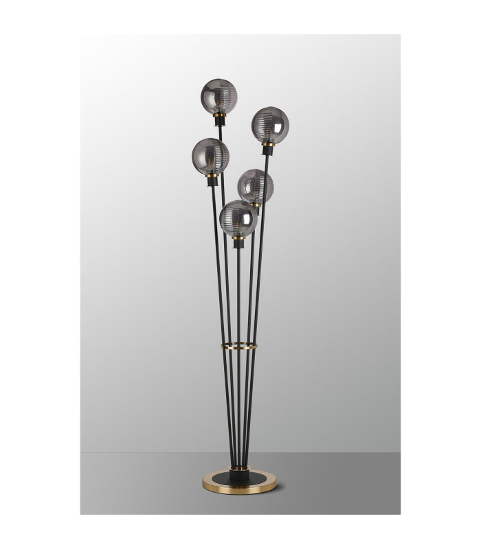 Placid Floor Lamp 5 Light E14 15cm Round Double Textured Smooth / Ribbed Glass Shade Brass Smoke Plated Satin Black-8