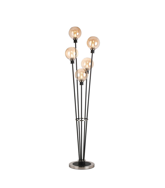 Placid Floor Lamp 5 Light E14 15cm Round Glass Shade Satin Nickel Amber Plated Satin Black-1