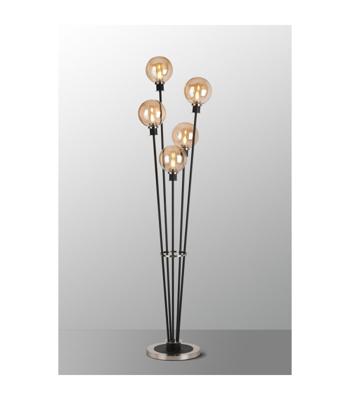 Placid Floor Lamp 5 Light E14 15cm Round Glass Shade Satin Nickel Amber Plated Satin Black-3