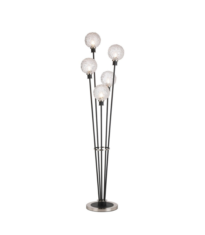 Placid Floor Lamp 5 Light E14 15cm Round Textured Crumple Glass Shade Satin Nickel Clear Satin Black-1