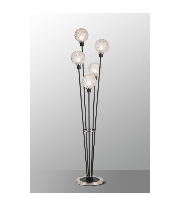 Placid Floor Lamp 5 Light E14 15cm Round Textured Crumple Glass Shade Satin Nickel Clear Satin Black-3