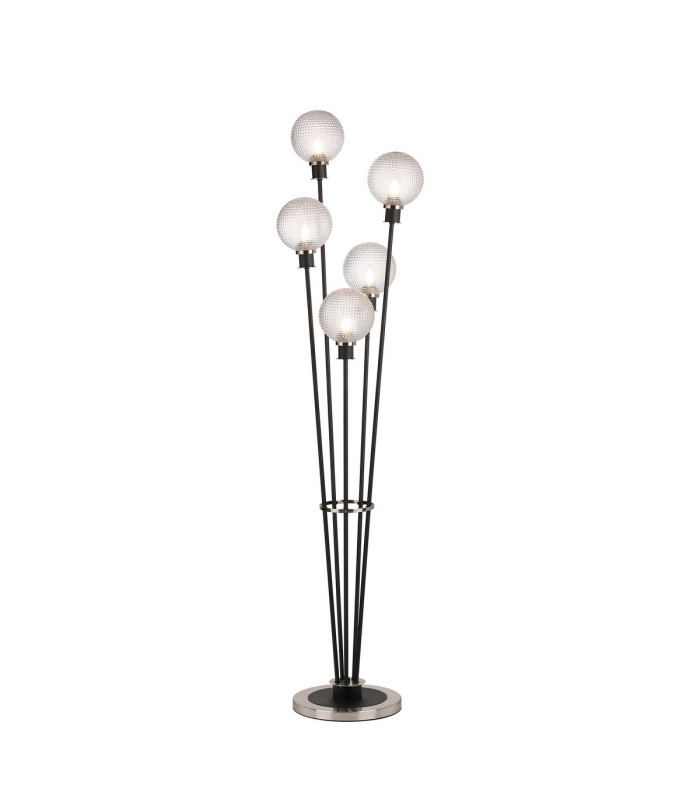 Placid Floor Lamp 5 Light E14 15cm Round Textured Diamond Pattern Glass Shade Satin Nickel Clear Satin Black-1
