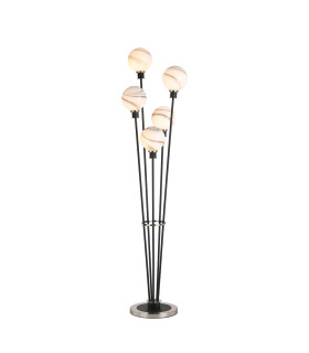 Placid Floor Lamp 5 Light E14 15cm Round Marble Effect Glass Shade Satin Nickel White Satin Black-1