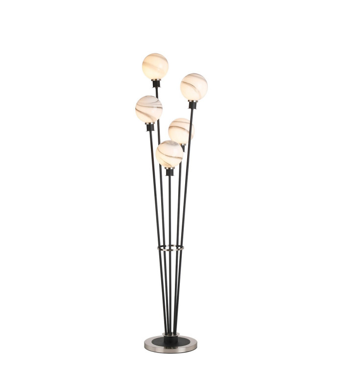 Placid Floor Lamp 5 Light E14 15cm Round Marble Effect Glass Shade Satin Nickel White Satin Black-1
