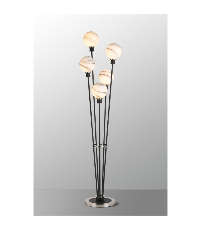 Placid Floor Lamp 5 Light E14 15cm Round Marble Effect Glass Shade Satin Nickel White Satin Black-3