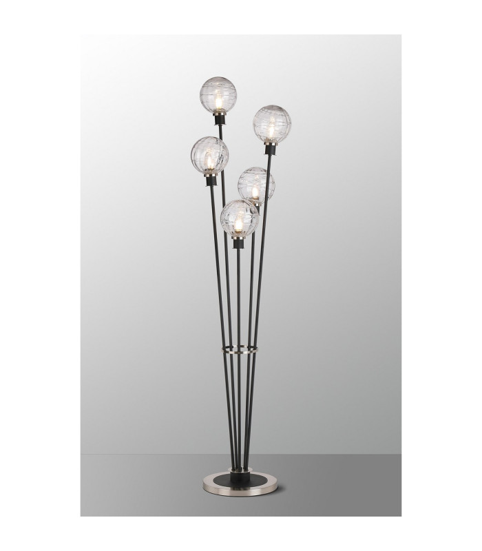 Placid Floor Lamp 5 Light E14 15cm Round Textured Melting Glass Shade Satin Nickel Clear Satin Black-3