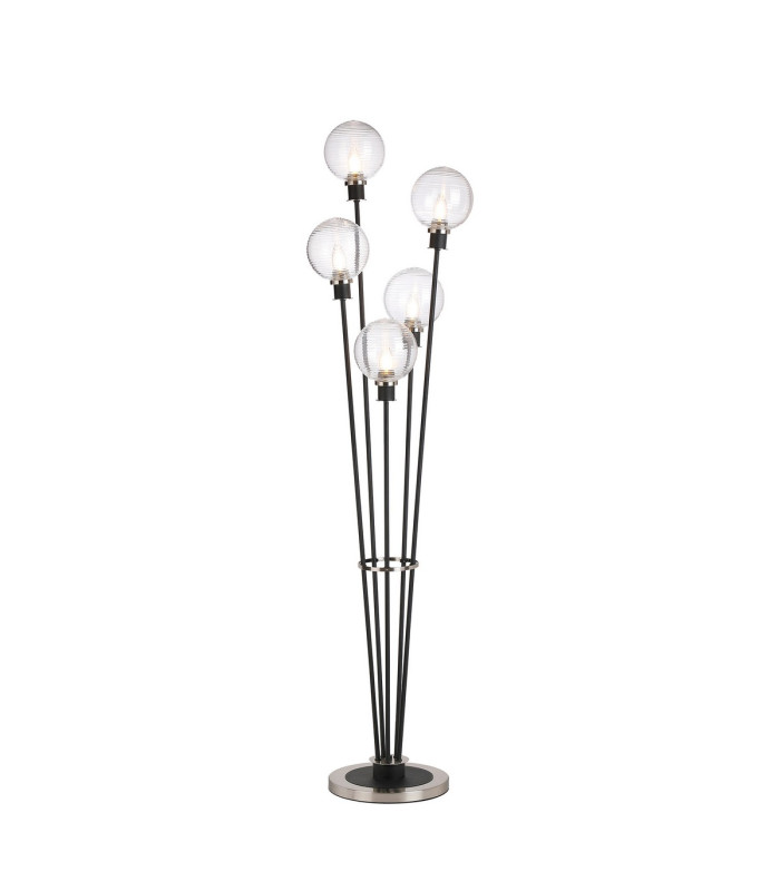Placid Floor Lamp 5 Light E14 15cm Round Ribbed Glass Shade Satin Nickel Clear Satin Black-1