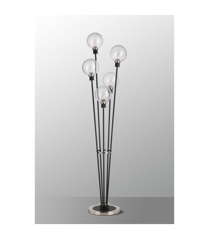 Placid Floor Lamp 5 Light E14 15cm Round Ribbed Glass Shade Satin Nickel Clear Satin Black-8