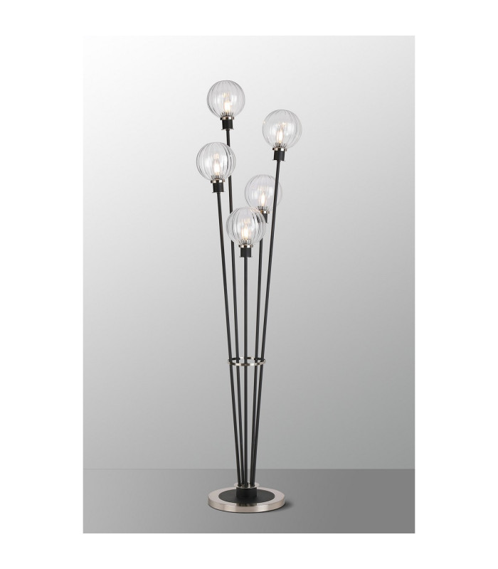 Placid Floor Lamp 5 Light E14 15cm Round Segment Glass Shade Satin Nickel Clear Satin Black-3
