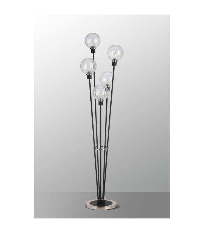 Placid Floor Lamp 5 Light E14 15cm Round Segment Glass Shade Satin Nickel Clear Satin Black-8