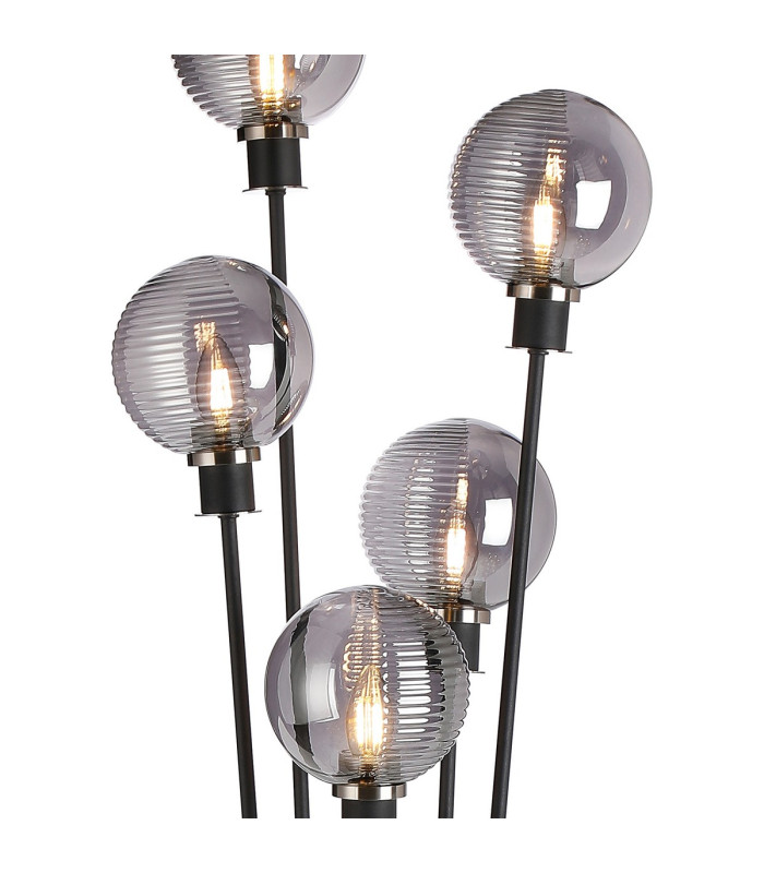 Placid Floor Lamp 5 Light E14 15cm Round Textured Smooth / Ribbed Glass Shade Satin Nickel Smoke Plated Satin Black-7