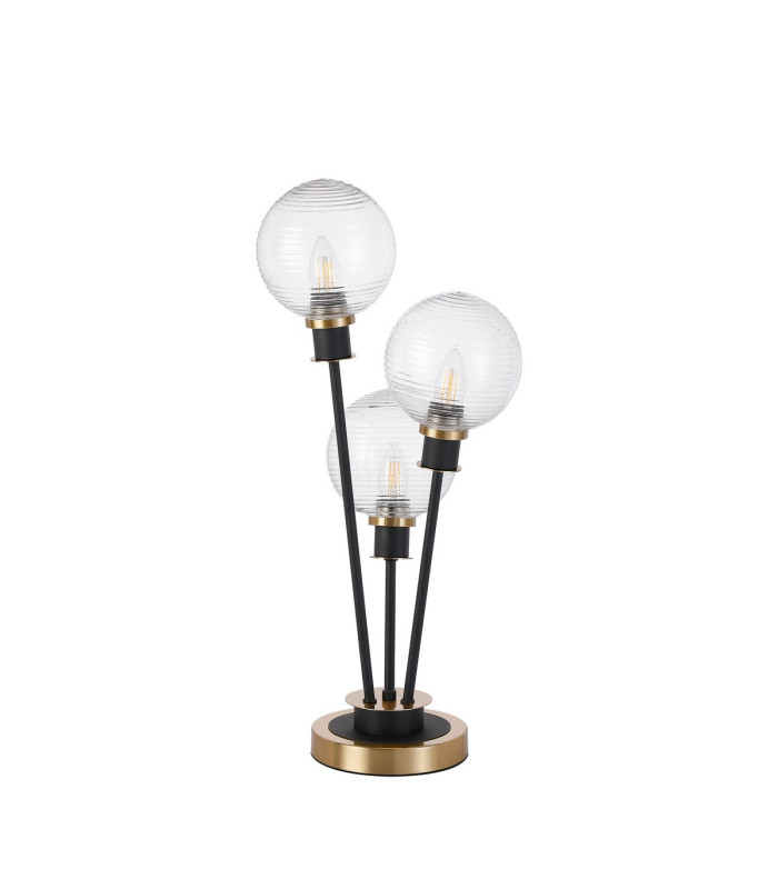Placid Table Lamp Touch Switch 3 Light E14 15cm Round Ribbed Glass Shade Brass Clear Satin Black-4