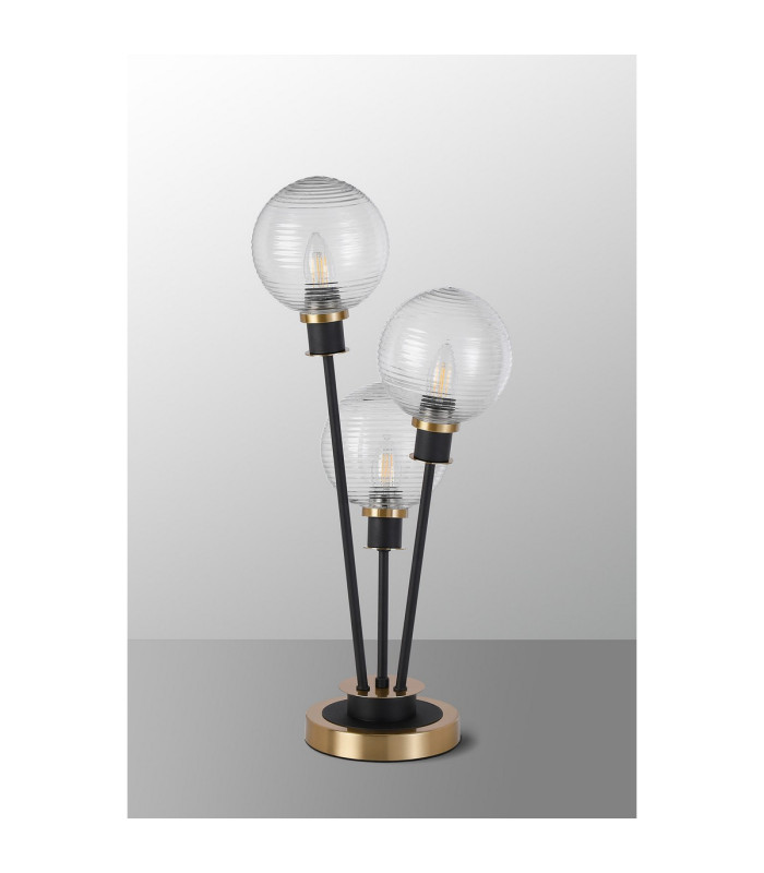 Placid Table Lamp Touch Switch 3 Light E14 15cm Round Ribbed Glass Shade Brass Clear Satin Black-8