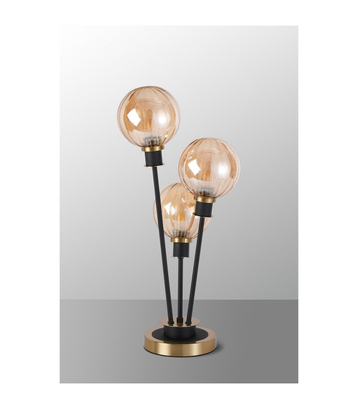 Placid Table Lamp Touch Switch 3 Light E14 15cm Round Segment Glass Shade Brass Amber Plated Satin Black-8