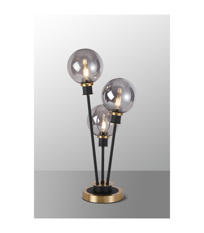 Placid Table Lamp Touch Switch 3 Light E14 15cm Round Glass Shade Brass Smoke Plated Satin Black-3