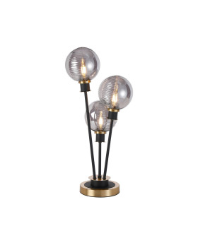 Placid Table Lamp Touch Switch 3x E14 15cm Round Textured Smooth / Ribbed Glass Shade Brass Smoke Plated Satin Black-1