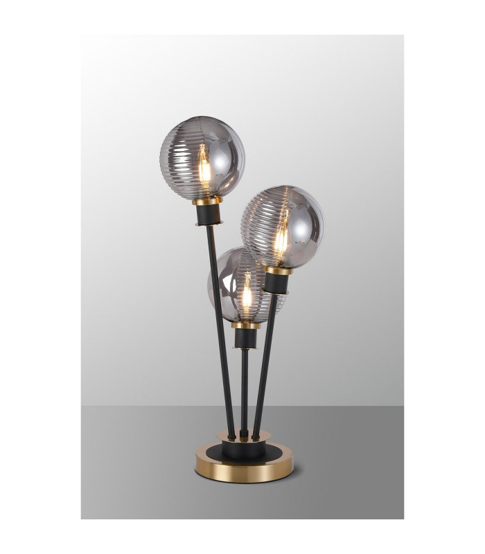 Placid Table Lamp Touch Switch 3x E14 15cm Round Textured Smooth / Ribbed Glass Shade Brass Smoke Plated Satin Black-3