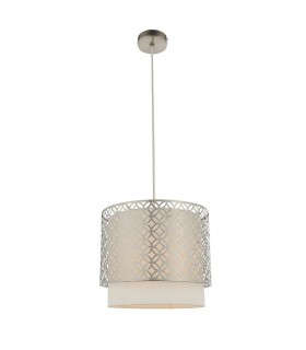 1 Light Round Ceiling Pendant Satin Nickel Plate & Vintage White Linen, E27 - 1