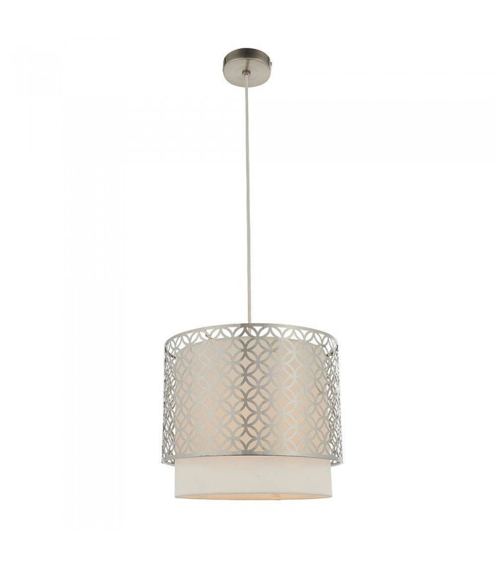 1 Light Round Ceiling Pendant Satin Nickel Plate & Vintage White Linen, E27 - 1