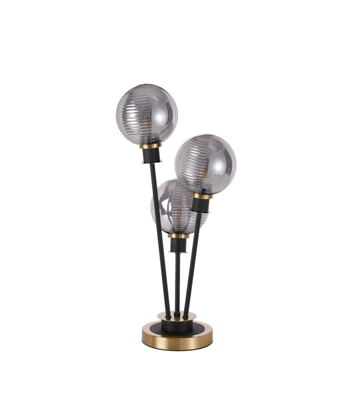 Placid Table Lamp Touch Switch 3x E14 15cm Round Textured Smooth / Ribbed Glass Shade Brass Smoke Plated Satin Black-4
