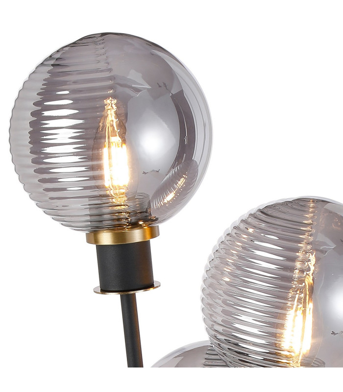 Placid Table Lamp Touch Switch 3x E14 15cm Round Textured Smooth / Ribbed Glass Shade Brass Smoke Plated Satin Black-7