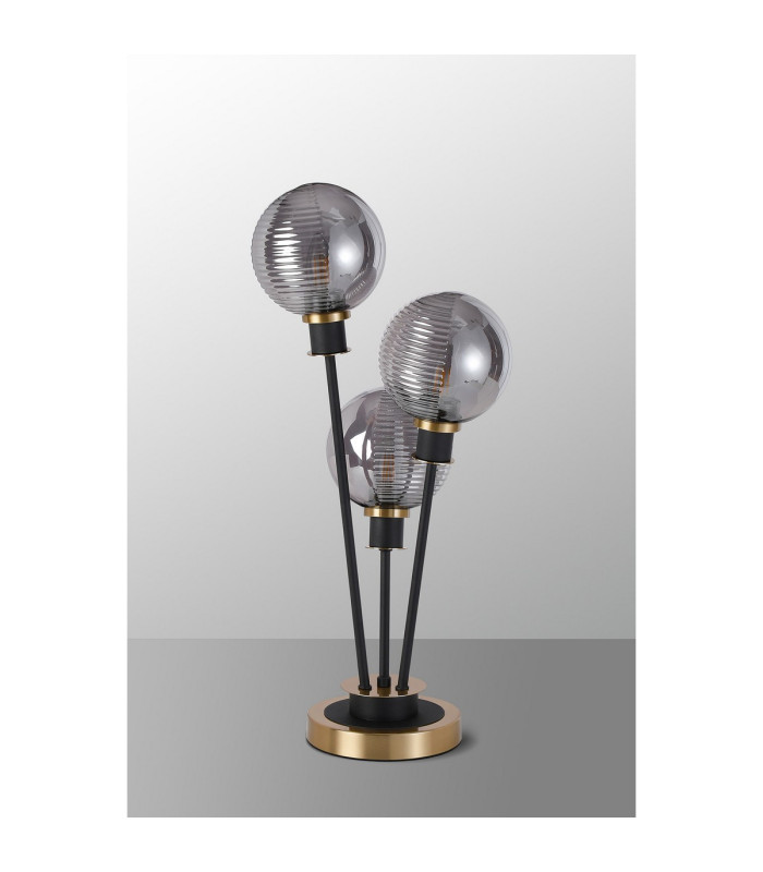 Placid Table Lamp Touch Switch 3x E14 15cm Round Textured Smooth / Ribbed Glass Shade Brass Smoke Plated Satin Black-8