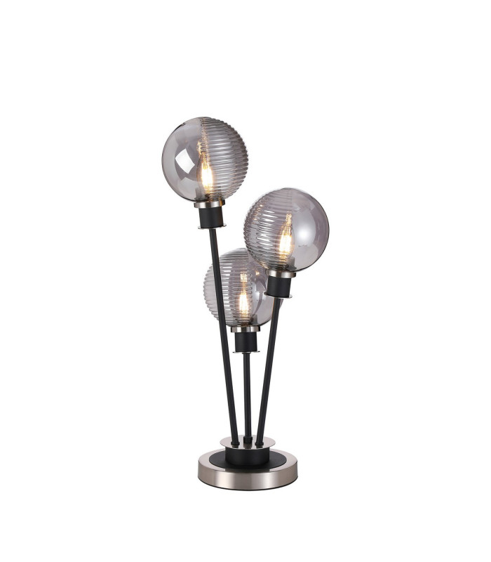 Placid Table Lamp Touch Switch 3x E14 15cm Round Texture Smooth/Ribbed Glass Shade Satin Nickel