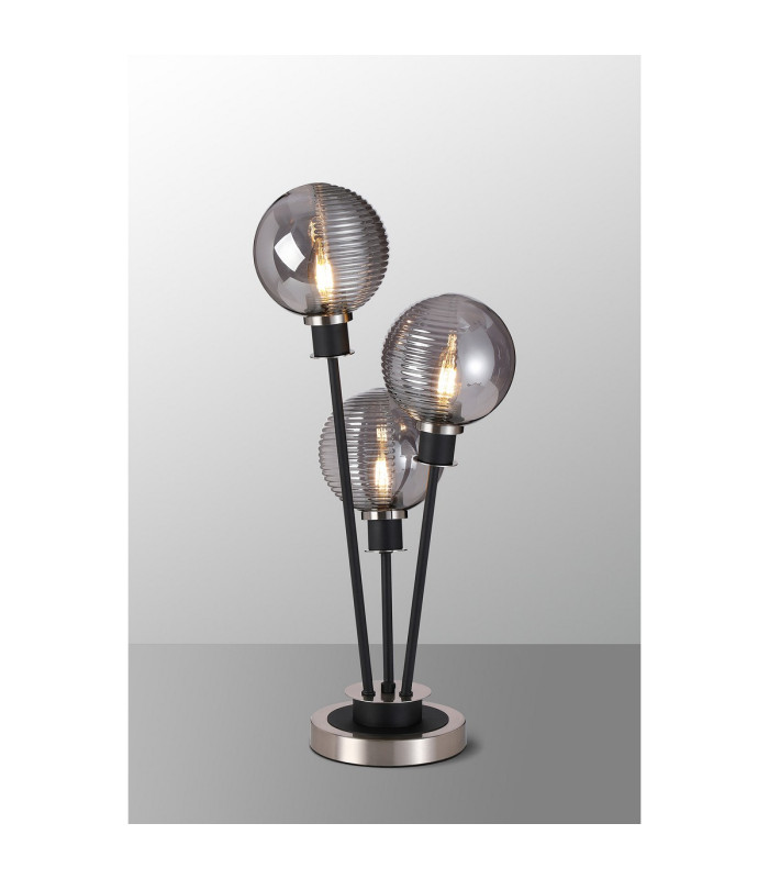 Placid Table Lamp Touch Switch 3x E14 15cm Round Texture Smooth/Ribbed Glass Shade Satin Nickel