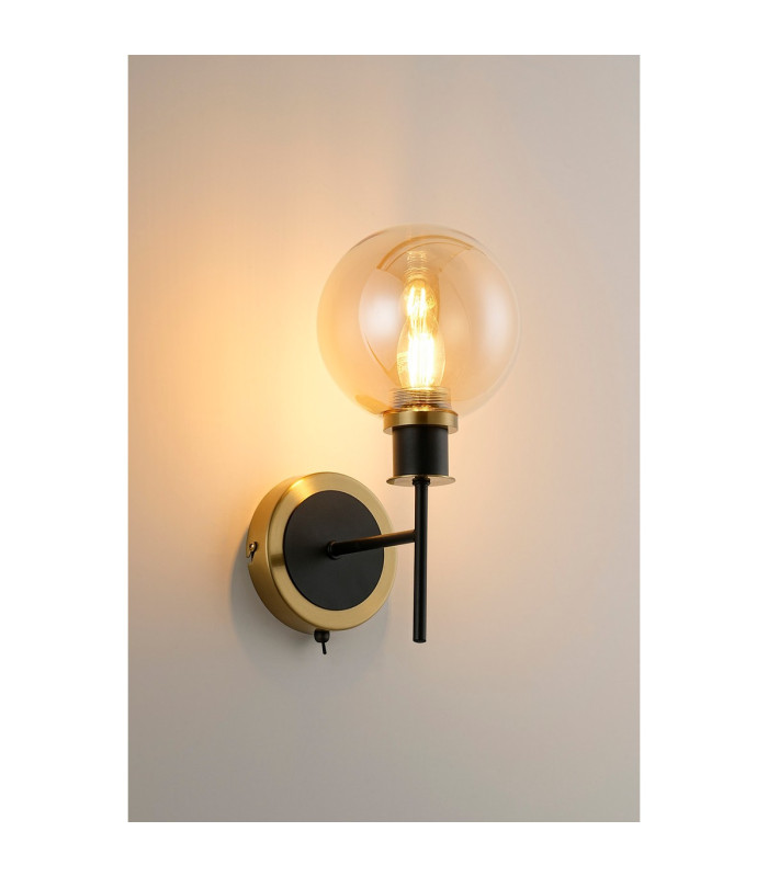 Placid Switched Wall Light 1 Light E14 15cm Round Glass Shade Brass Amber Plated & Satin Black-3