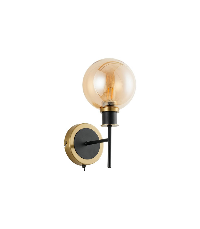 Placid Switched Wall Light 1 Light E14 15cm Round Glass Shade Brass Amber Plated & Satin Black-4