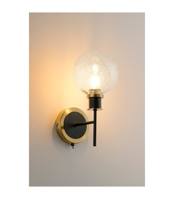 Placid Switched Wall Light 1 Light E14 15cm Round Crackled Glass Shade Brass Clear & Satin Black-3