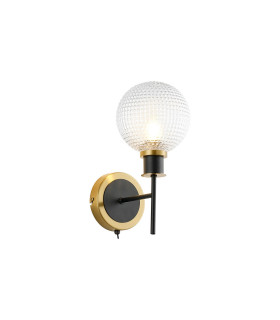 Placid Switched Wall Light 1 Light E14 15cm Round Textured Diamond Pattern Glass Shade Brass Clear & Satin Black-1