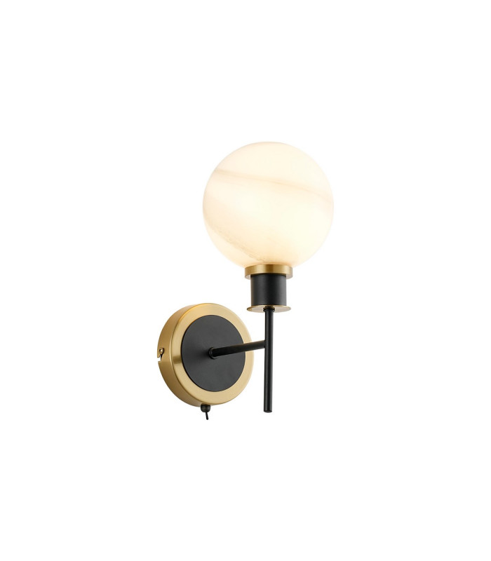 Placid Switched Wall Light 1 Light E14 15cm Round White & Grey Marble Effect Glass Shade Brass & Satin Black Framework-1