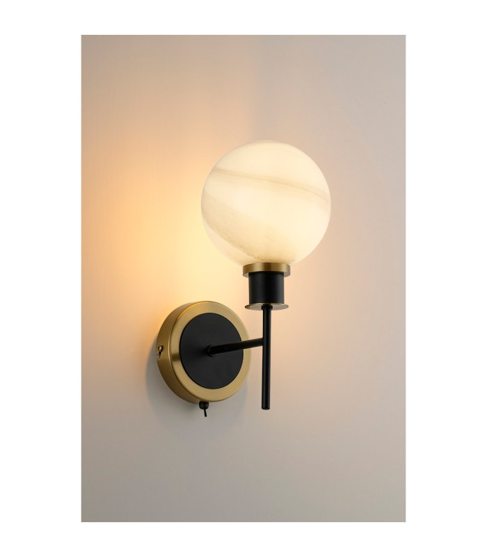 Placid Switched Wall Light 1 Light E14 15cm Round White & Grey Marble Effect Glass Shade Brass & Satin Black Framework-3