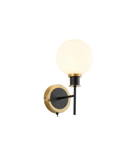 Placid Switched Wall Light 1 Light E14 15cm Round Glass Shade Brass Opal & Satin Black-1