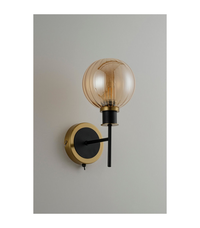 Placid Switched Wall Light 1 Light E14 15cm Round Segment Glass Shade Brass Amber Plated & Satin Black-6