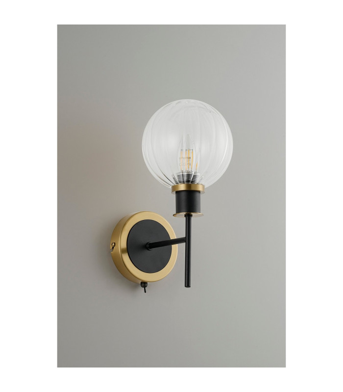 Placid Switched Wall Light 1 Light E14 15cm Round Segment Glass Shade Brass Clear & Satin Black-6