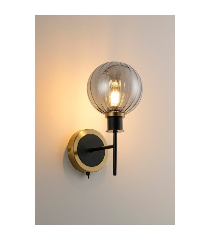 Placid Switched Wall Light 1 Light E14 15cm Round Segment Glass Shade Brass Smoke Plated & Satin Black-3
