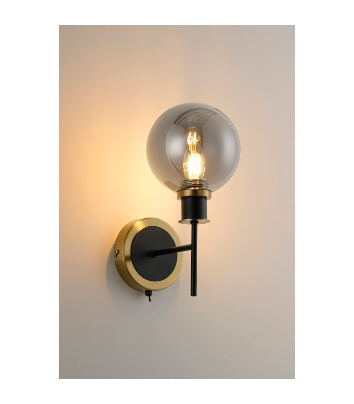 Placid Switched Wall Light 1 Light E14 15cm Round Glass Shade Brass Smoke Plated & Satin Black-3