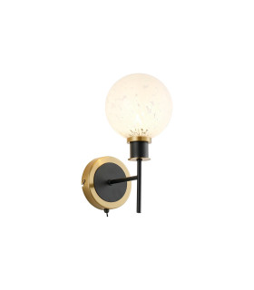 Placid Switched Wall Light 1 Light E14 15cm Round Speckled Glass Shade Brass White & Satin Black-1