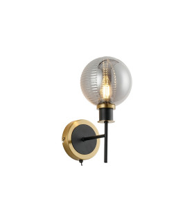 Placid Switched Wall Light 1 Light E14 15cm Round Textured Smooth / Ribbed Glass Shade Brass Smoke Plated & Satin Black-1