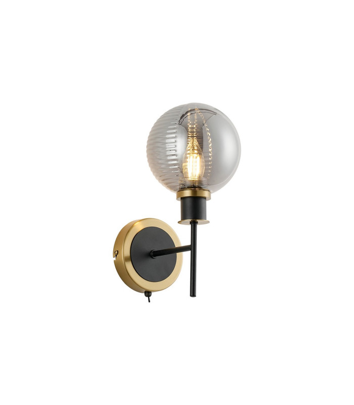Placid Switched Wall Light 1 Light E14 15cm Round Textured Smooth / Ribbed Glass Shade Brass Smoke Plated & Satin Black-1