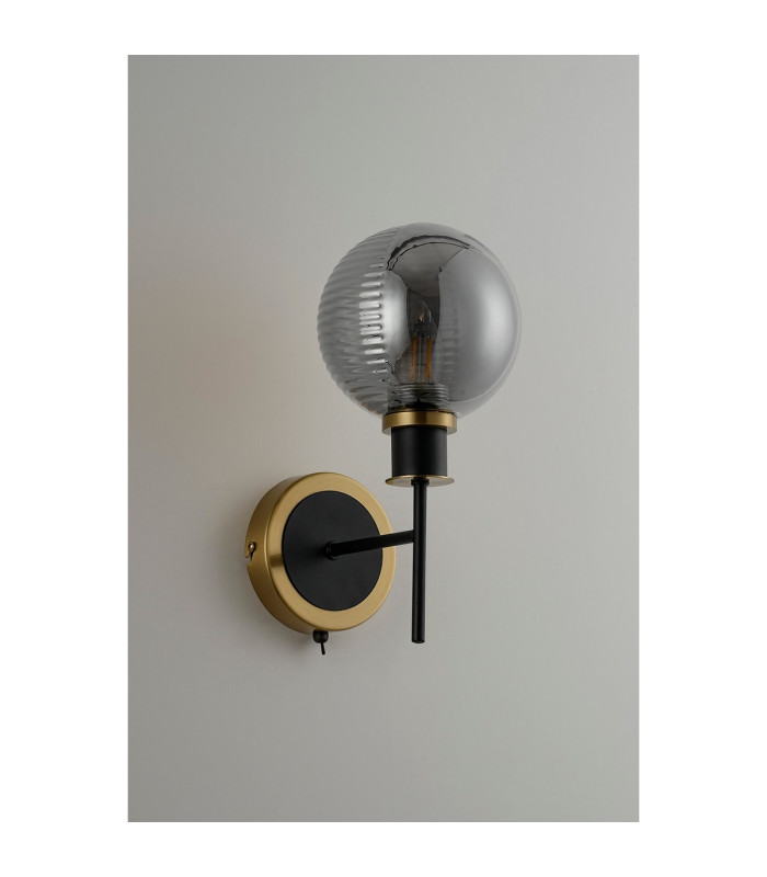 Placid Switched Wall Light 1 Light E14 15cm Round Textured Smooth / Ribbed Glass Shade Brass Smoke Plated & Satin Black-7