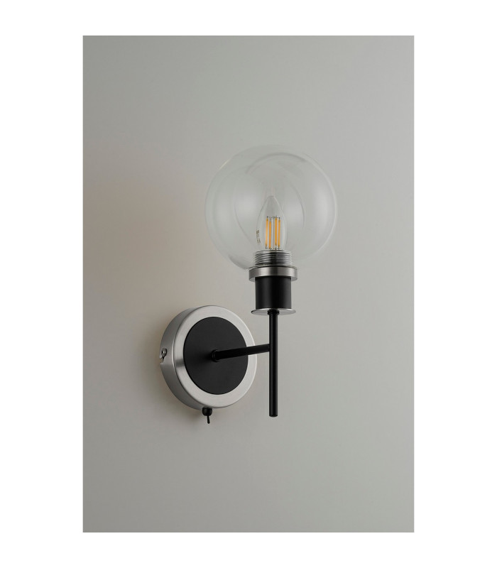 Placid Switched Wall Light 1 Light E14 15cm Round Glass Shade Satin Nickel Clear & Satin Black-7