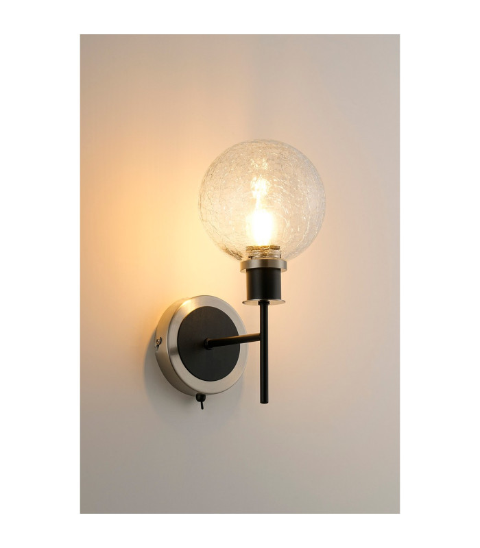 Placid Switched Wall Light 1 Light E14 15cm Round Crackled Glass Shade Satin Nickel Clear & Satin Black-3