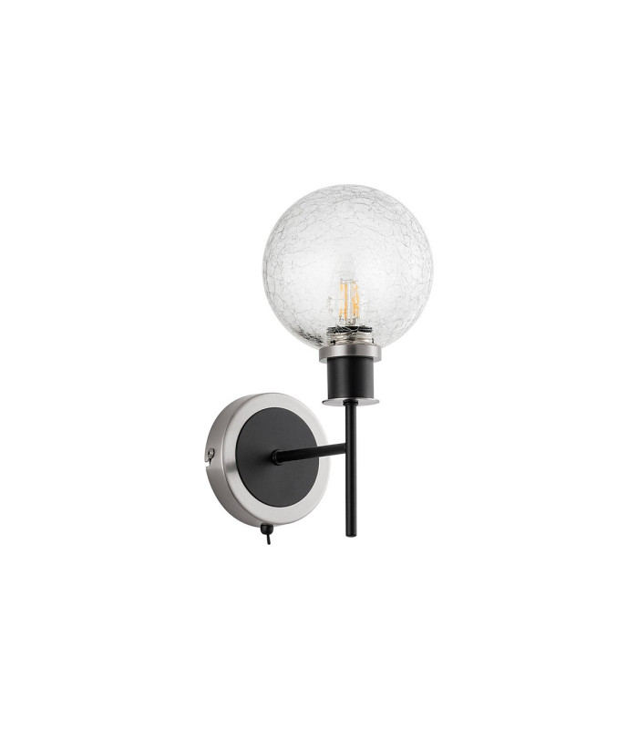 Placid Switched Wall Light 1 Light E14 15cm Round Crackled Glass Shade Satin Nickel Clear & Satin Black-4